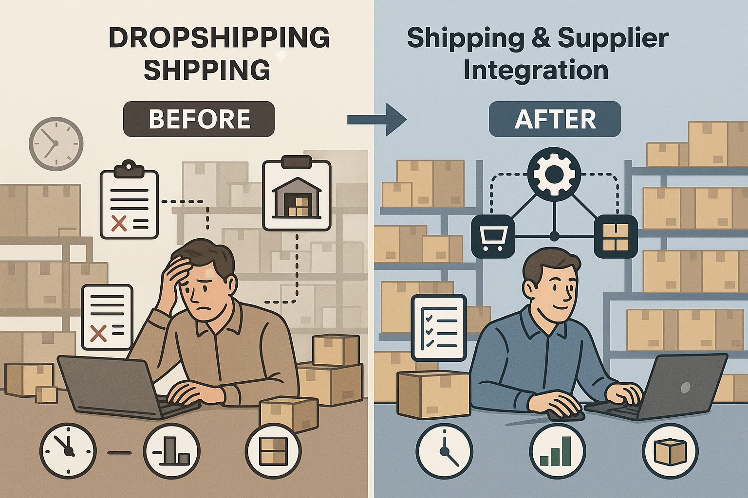 A before/after visualization comparing a business with manual dropshipping processes and order errors to one with integrated supplier systems, automated order routing, and streamlined shipping