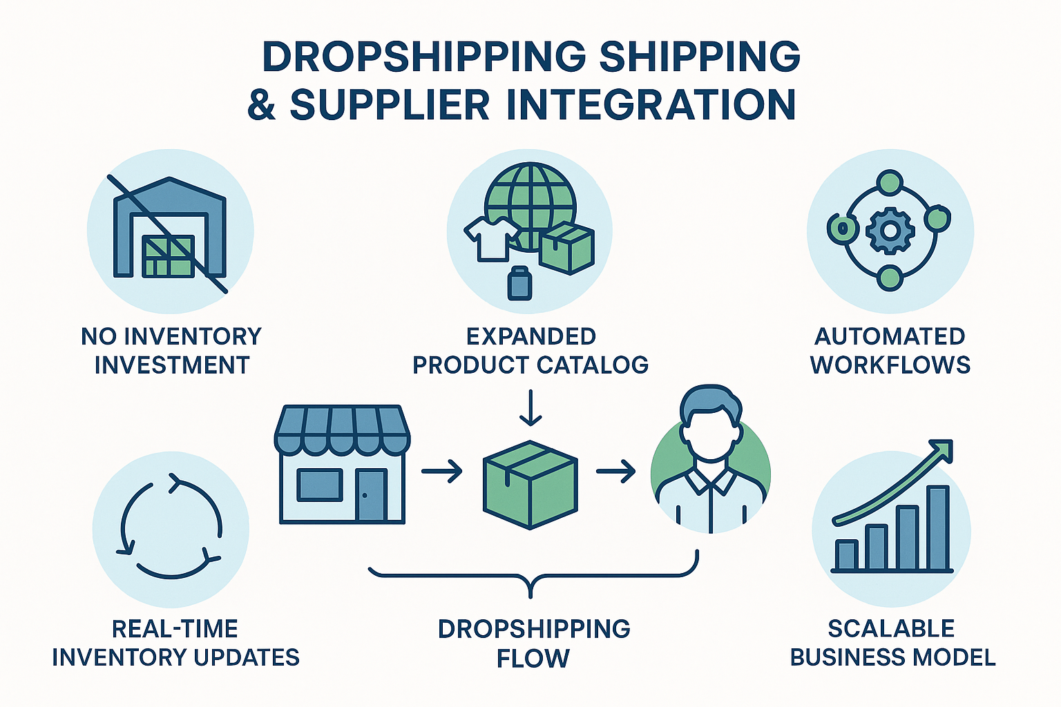 A benefit-focused illustration showing key advantages of dropshipping with icons for no inventory investment, expanded product catalog, automated workflows, real-time inventory updates, and scalable business model