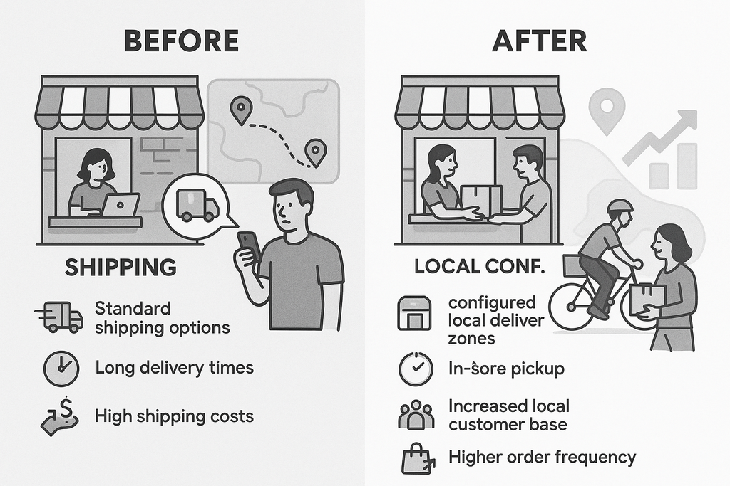 A before/after visualization comparing a business limited to standard shipping with long delivery times to one offering local delivery zones, in-store pickup, and increased local sales