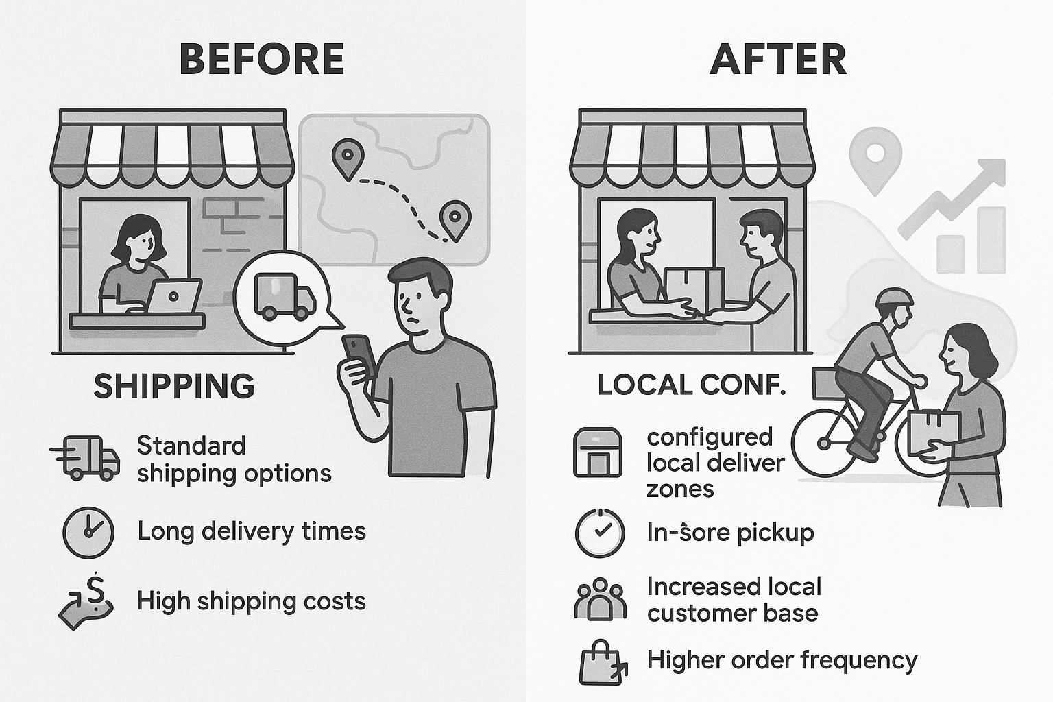 A before/after visualization comparing a business limited to standard shipping with long delivery times to one offering local delivery zones, in-store pickup, and increased local sales