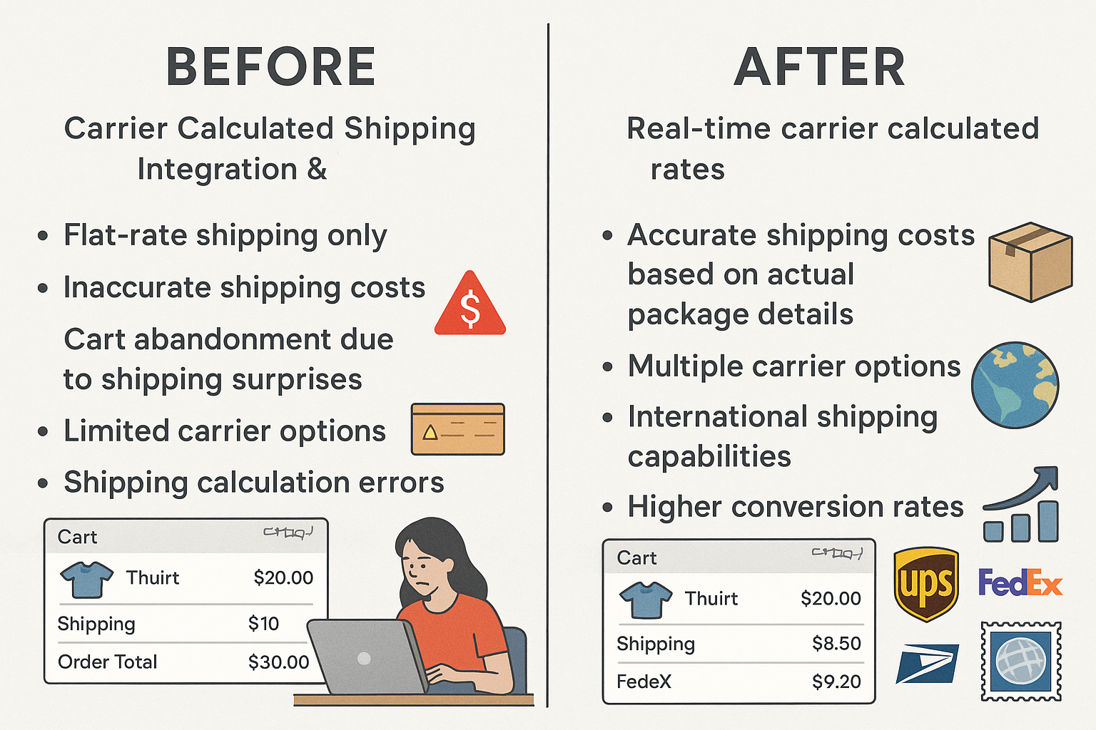 A before/after visualization comparing a business with flat-rate shipping, inaccurate costs, and cart abandonment to one with real-time carrier rates, accurate costs, and multiple shipping options