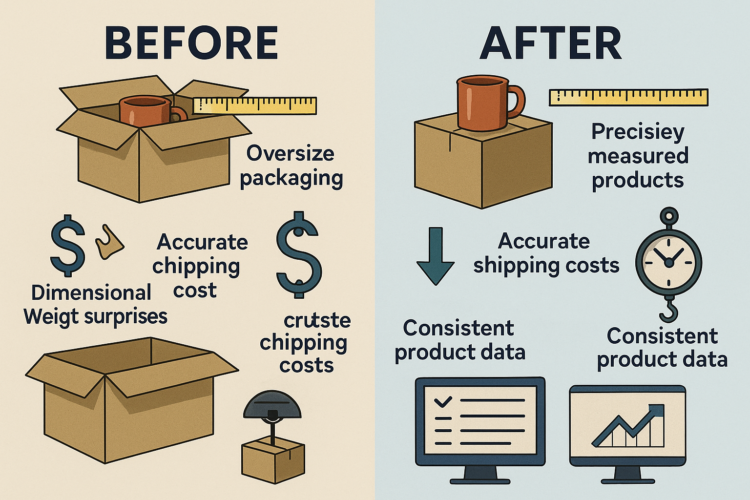 A before/after visualization comparing a business with inaccurate dimensions, oversized packaging, and shipping overcharges to one with precisely measured products, optimized packaging, and accurate costs