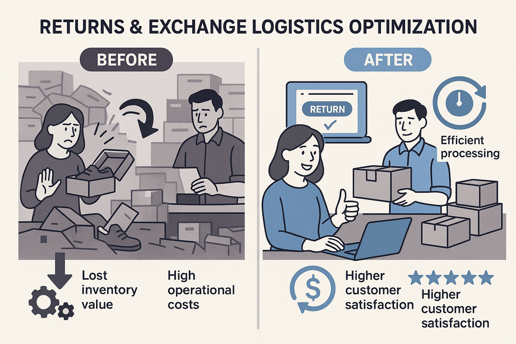 A before/after visualization comparing a business with manual, complicated returns processes and frustrated customers to one with a streamlined returns portal, efficient processing, and satisfied customers