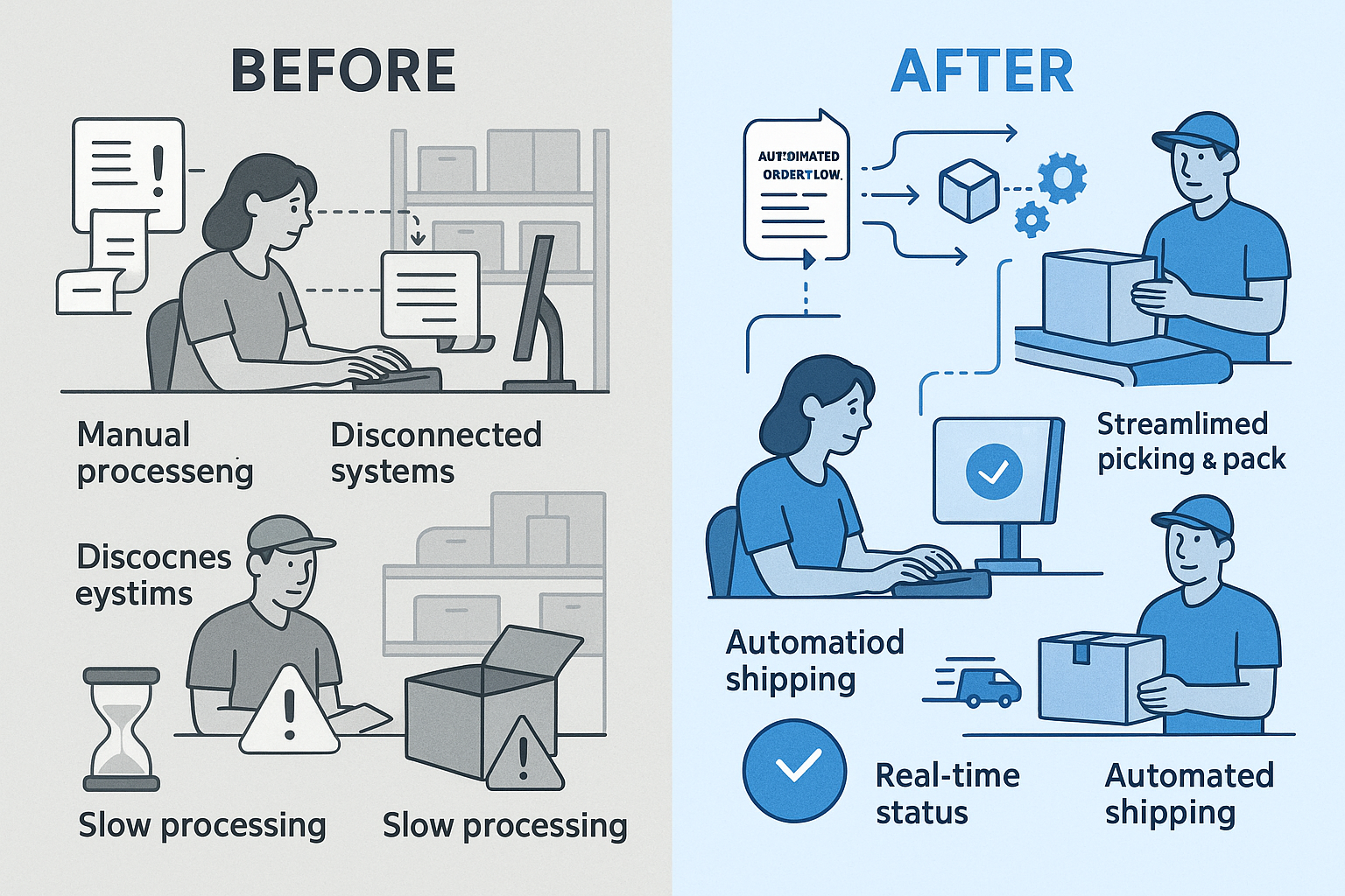 A before/after visualization comparing a business with manual order processing and disconnected systems to one with automated order flow, integrated systems, and streamlined operations