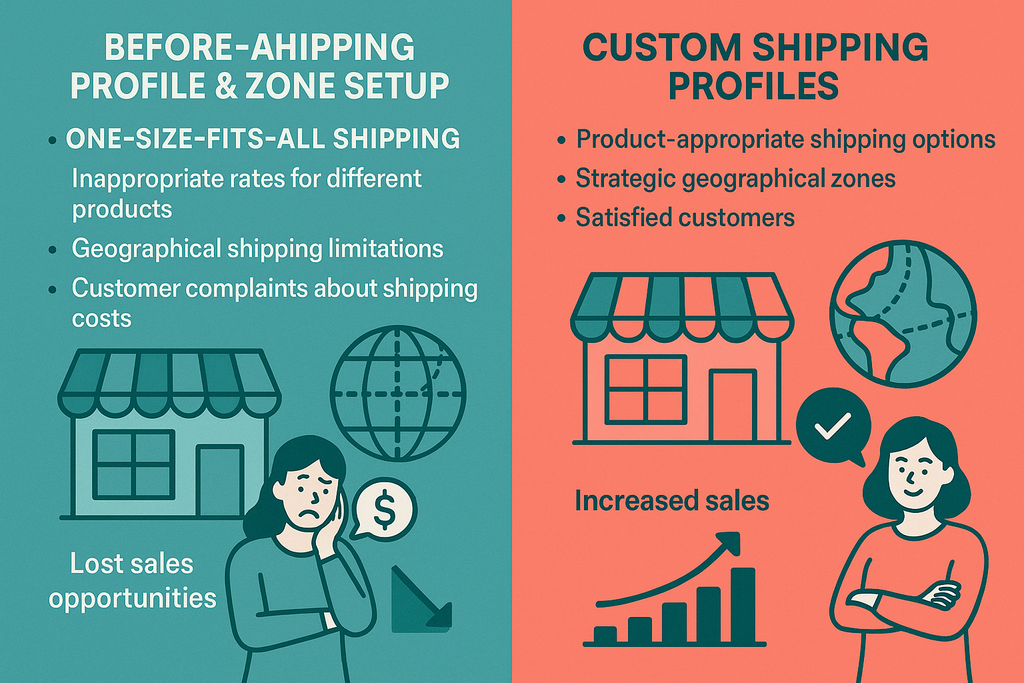 A before/after visualization comparing a business with one-size-fits-all shipping and customer complaints to one with custom shipping profiles, strategic zones, and increased sales in teal and coral tones