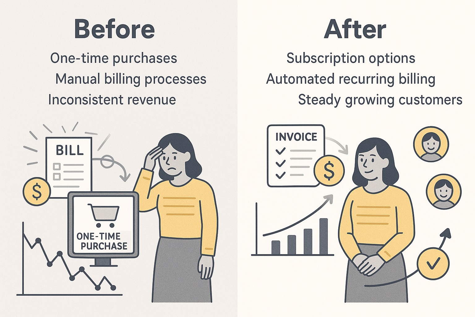 A before/after visualization comparing a business with one-time purchases and inconsistent revenue to one with subscription options, automated billing, steady revenue, and loyal customers