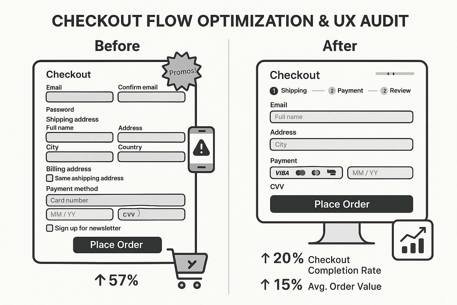 A before/after visualization comparing a cluttered, confusing checkout with too many fields and high abandonment to a clean, streamlined checkout with minimal required fields and clear progress indicators
