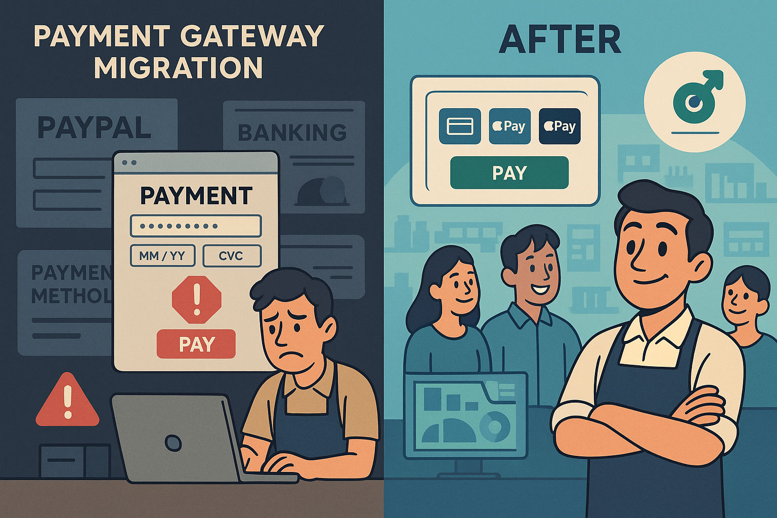 A before/after visualization comparing a cluttered, outdated payment system with error messages to a streamlined, modern payment ecosystem with multiple payment methods and clear reporting