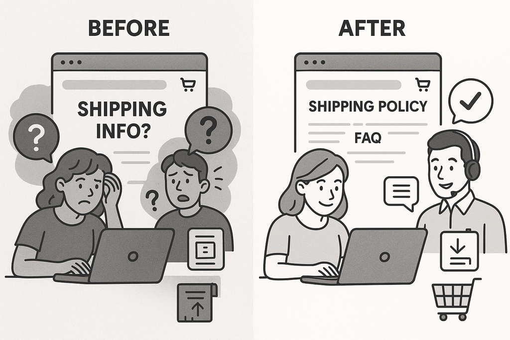 A before/after visualization comparing a store with missing shipping information and frustrated customers to one with clear policies, informed customers, and completed purchases