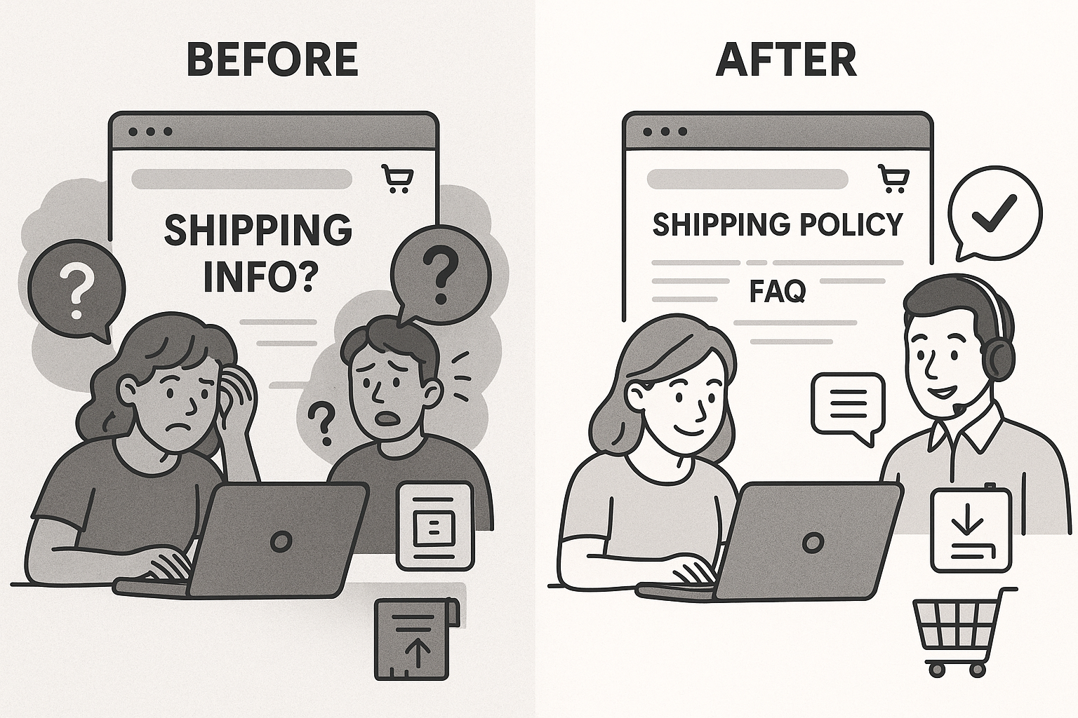 A before/after visualization comparing a store with missing shipping information and frustrated customers to one with clear policies, informed customers, and completed purchases