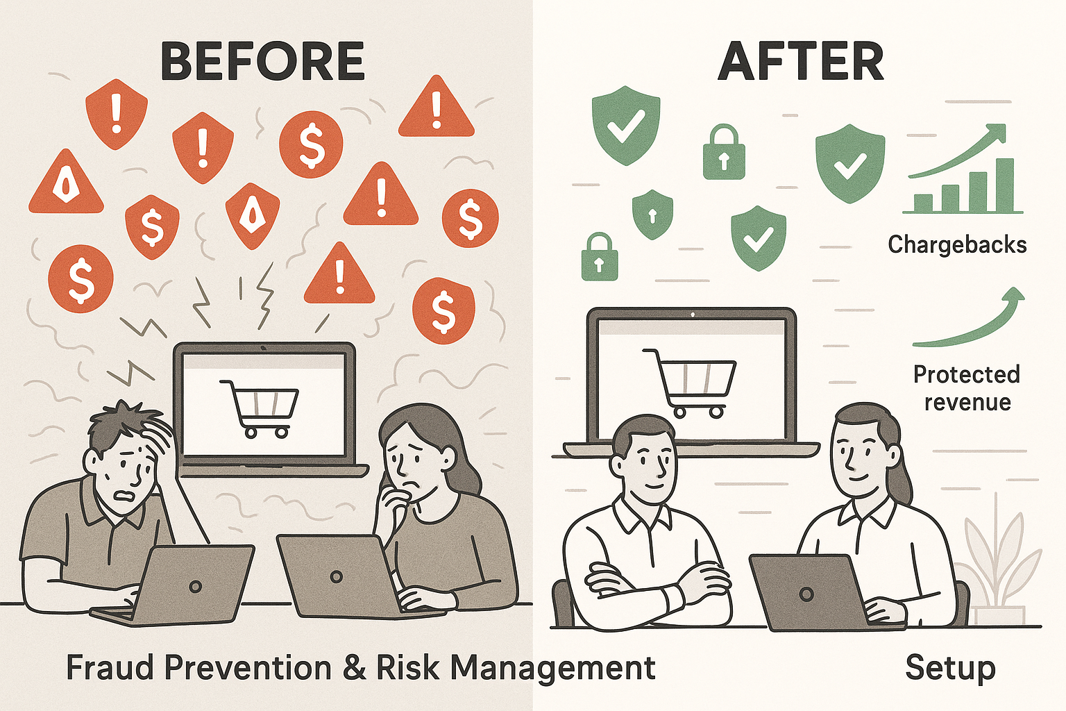 A before/after visualization comparing an e-commerce business with multiple fraud attacks and high chargeback rates to one protected by fraud prevention systems with blocked fraud attempts and low chargeback rates