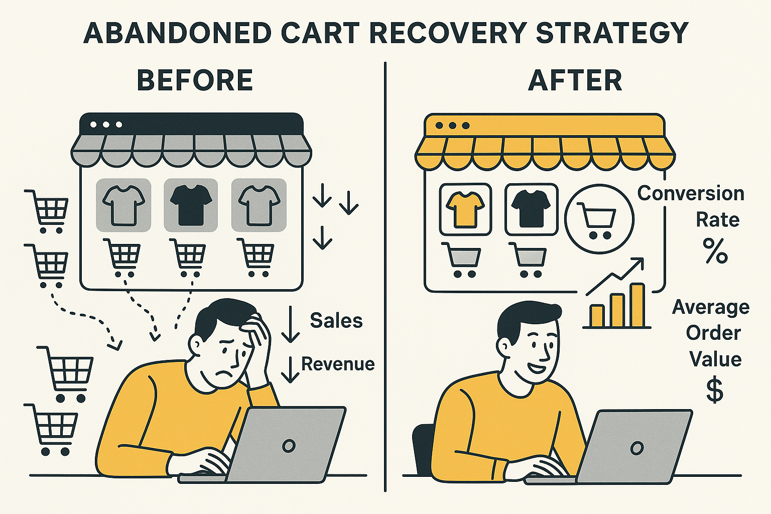 A before/after visualization comparing an e-commerce store with numerous abandoned carts and lost sales to one with an effective recovery system recapturing sales through strategic messaging