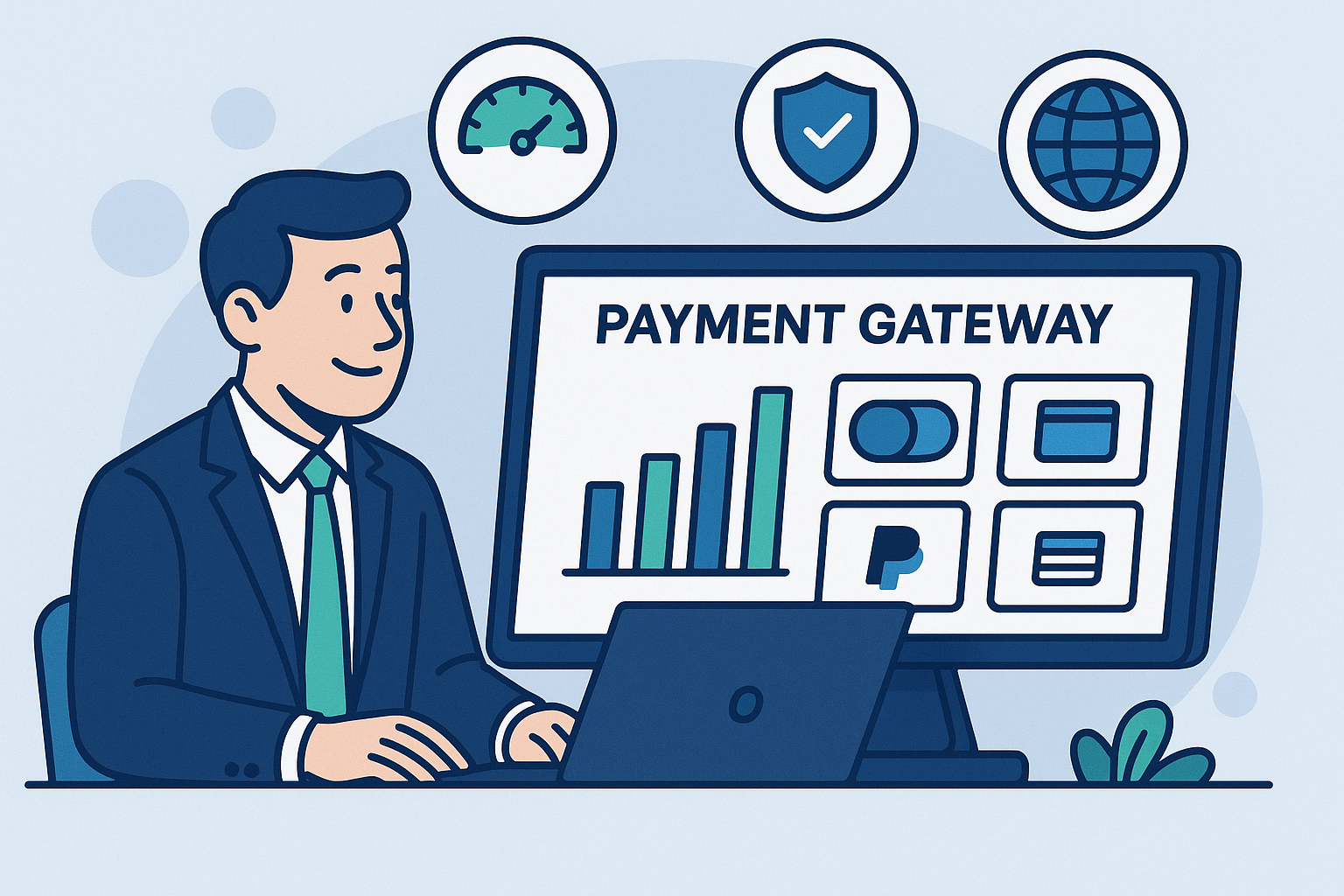 A benefit-focused illustration showing a business owner monitoring a payment dashboard with icons representing faster processing, enhanced security, global payment options, and improved conversion rates