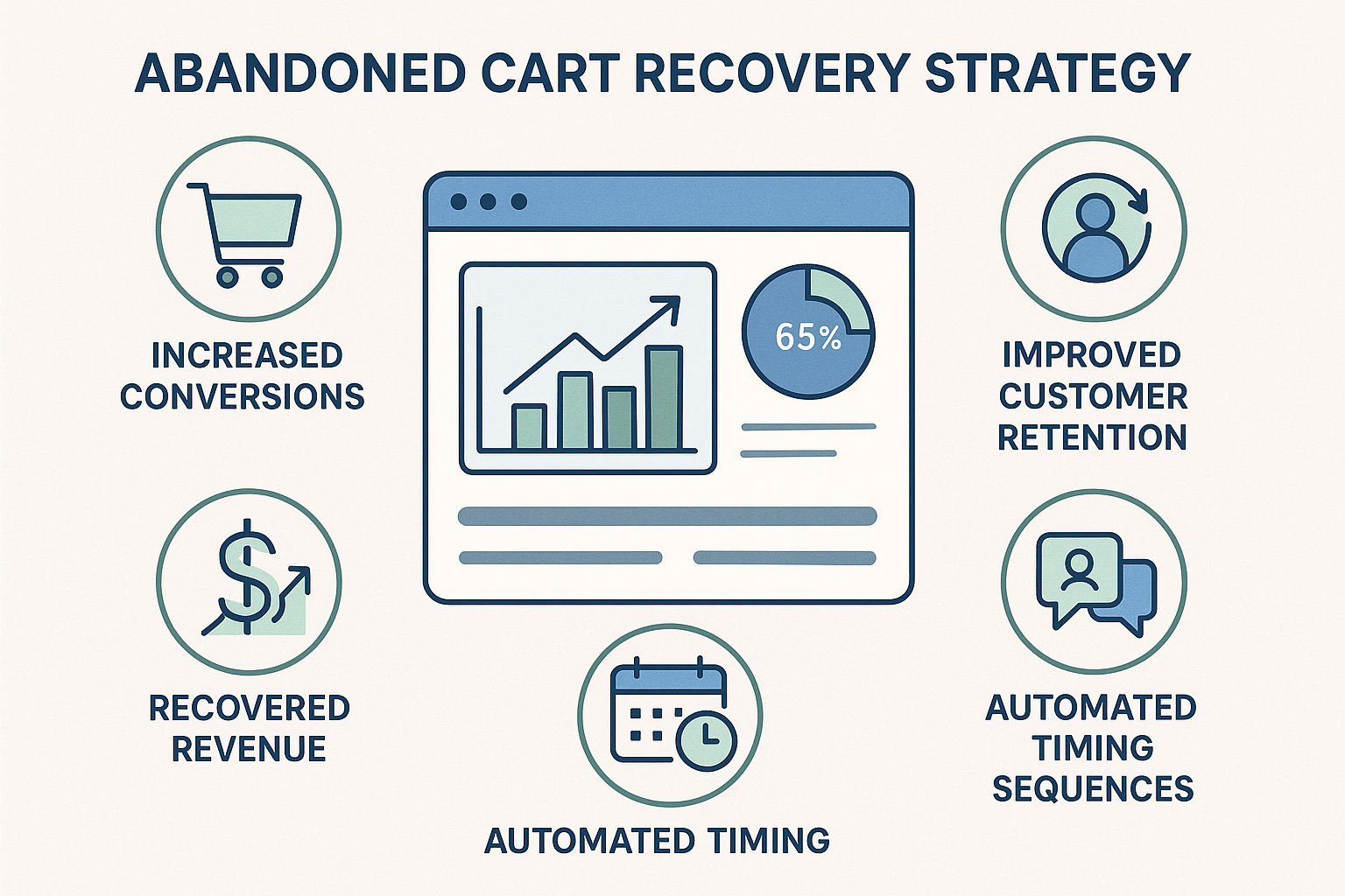 A benefit-focused illustration showing key advantages of abandoned cart recovery with icons for increased conversions, improved customer retention, recovered revenue, targeted messaging, and automated timing sequences