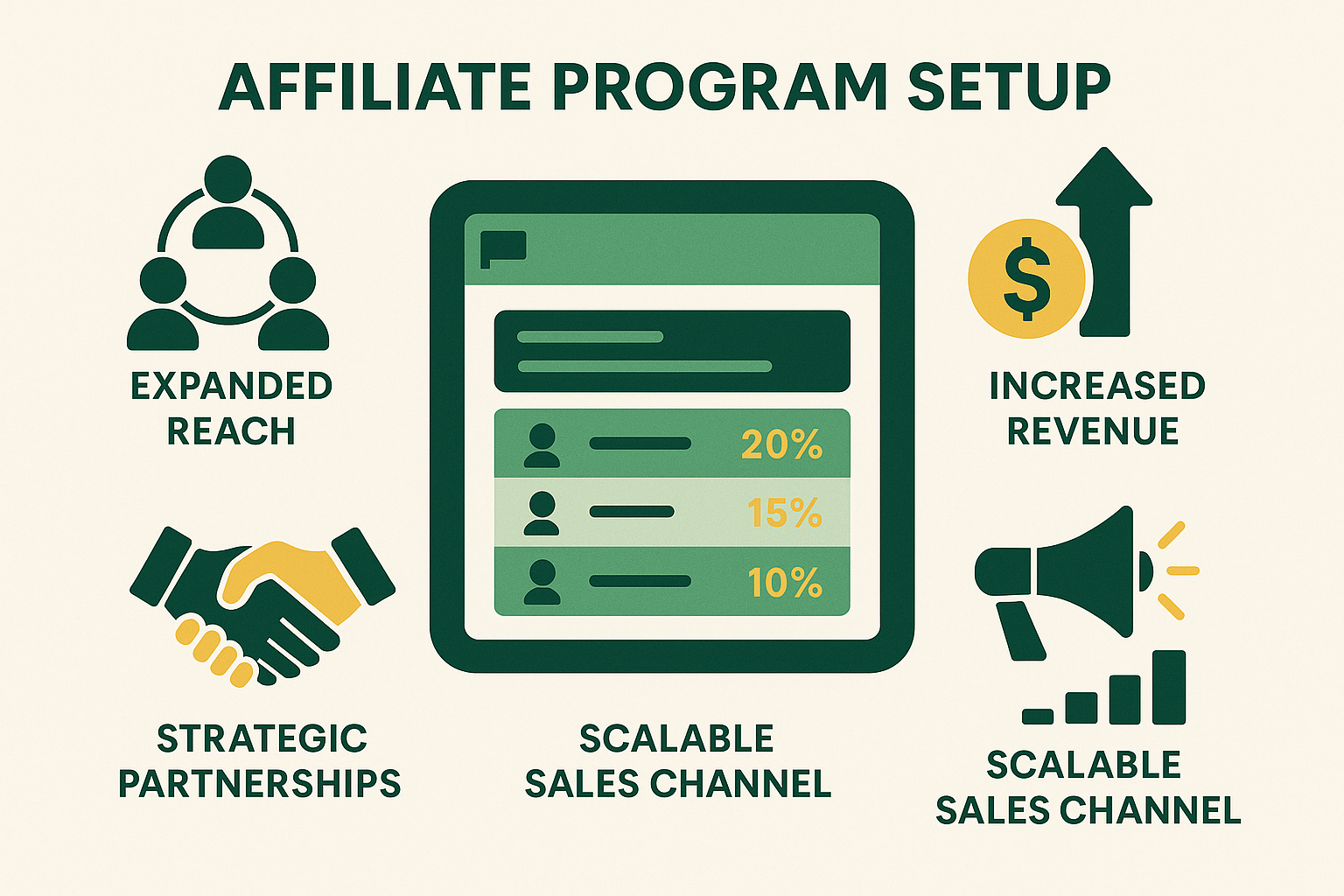 A benefit-focused illustration showing key advantages of affiliate programs with icons for expanded reach, increased revenue, amplified marketing, strategic partnerships, and scalable sales channels in forest green and bright yellow tones