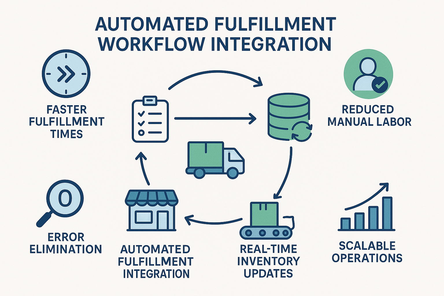 A benefit-focused illustration showing key advantages of automated fulfillment with icons for faster fulfillment times, reduced manual labor, error elimination, real-time inventory updates, and scalable operations