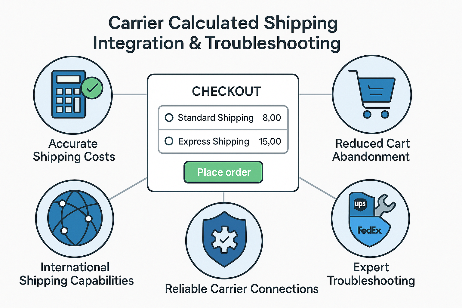 A benefit-focused illustration showing key advantages of carrier calculated shipping with icons for accurate shipping costs, reduced cart abandonment, international shipping capabilities, reliable carrier connections, and expert troubleshooting