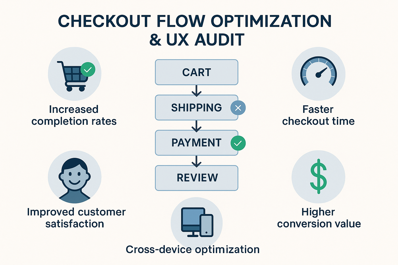 A benefit-focused illustration showing key advantages of checkout optimization with icons for increased completion rates, faster checkout time, improved customer satisfaction, cross-device optimization, and higher conversion value