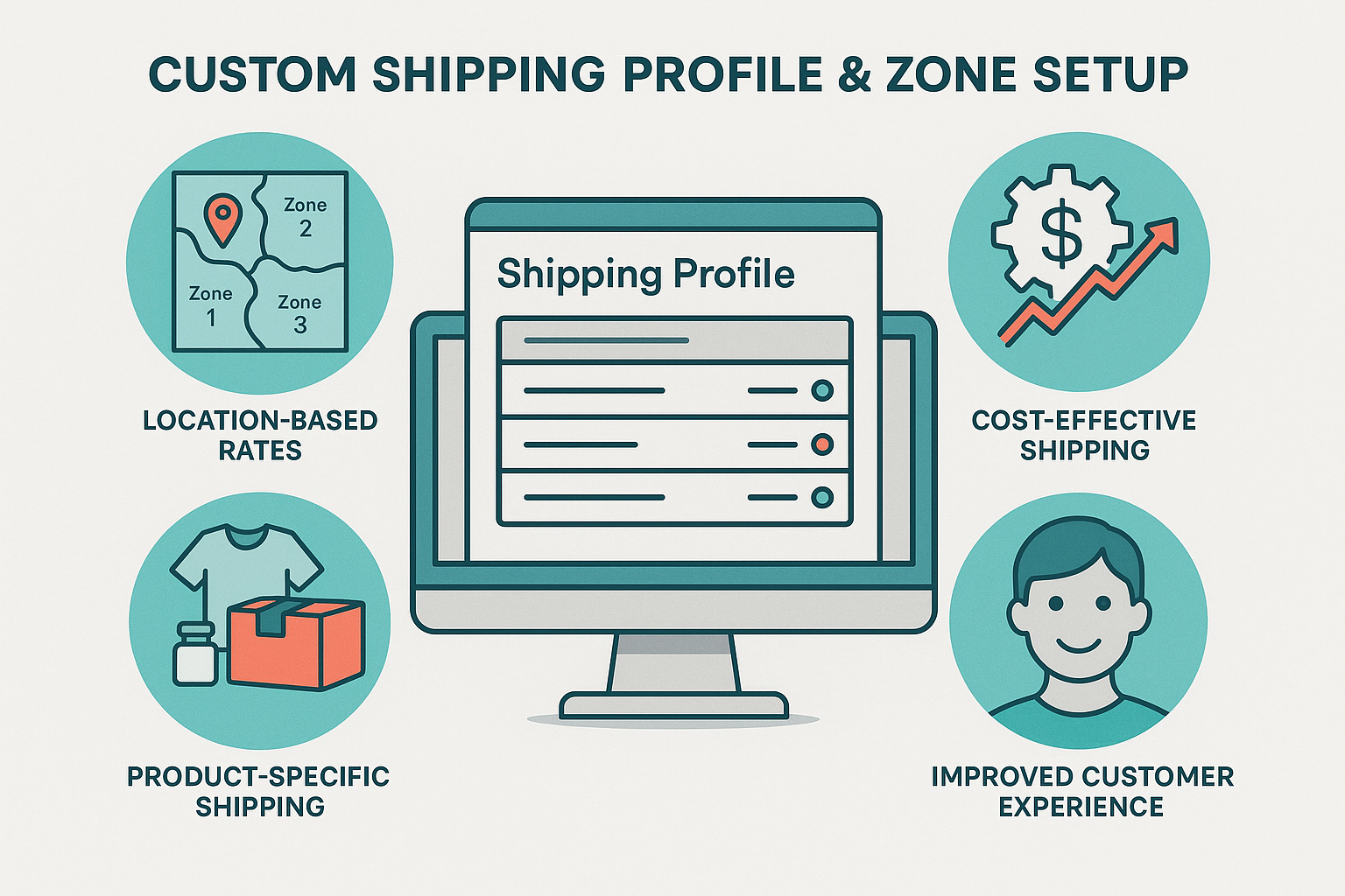 A benefit-focused illustration showing key advantages of custom shipping profiles with icons for location-based rates, product-specific shipping, cost-effective shipping, flexible configuration, and improved customer experience in teal and coral tones