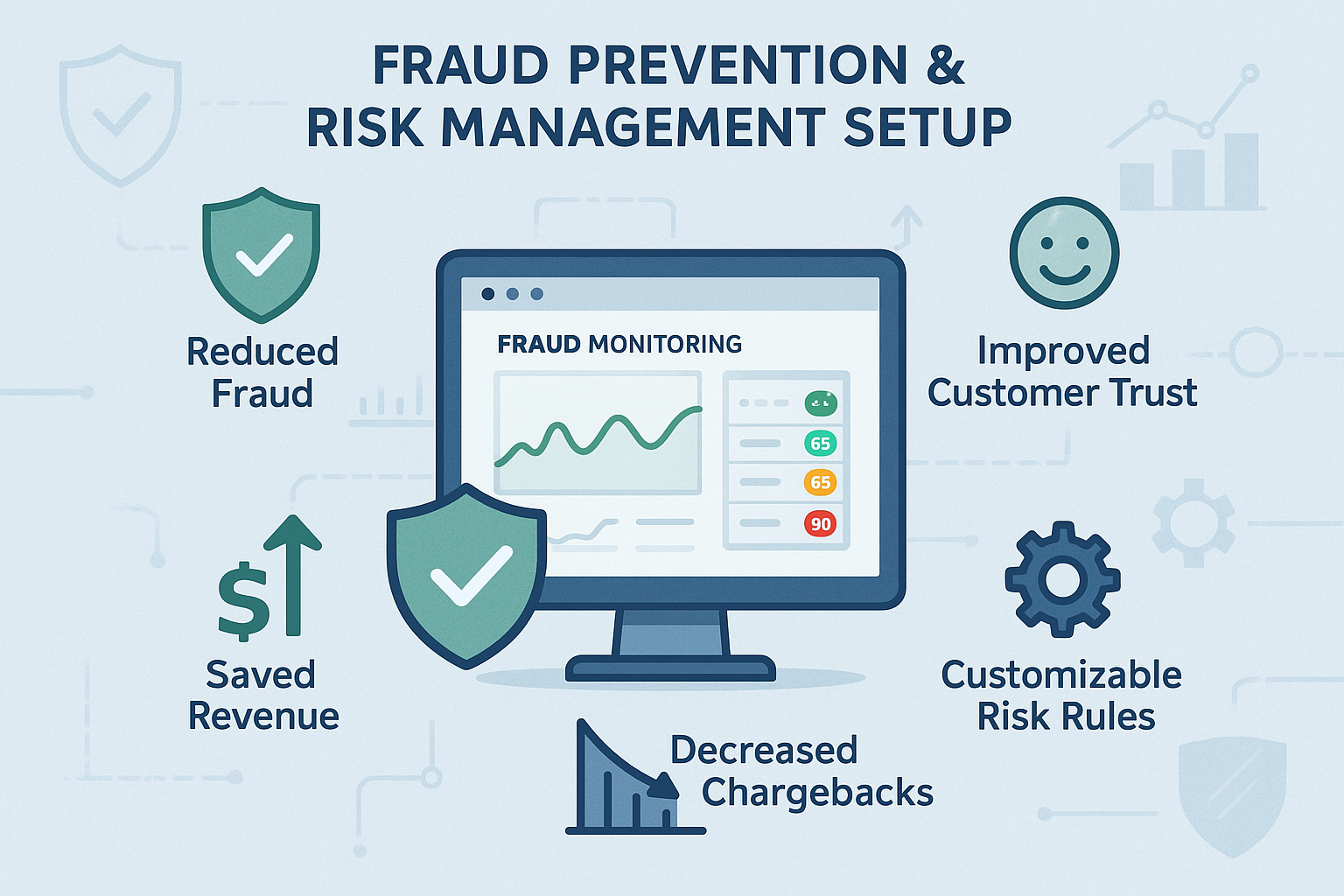 A benefit-focused illustration showing key advantages of fraud prevention with icons for reduced fraud, saved revenue, improved customer trust, customizable risk rules, and decreased chargebacks