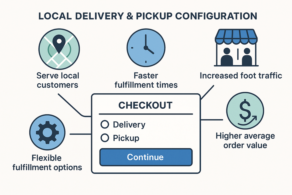 A benefit-focused illustration showing key advantages of local delivery and pickup with icons for serving local customers, faster fulfillment, increased foot traffic, higher order value, and flexible options