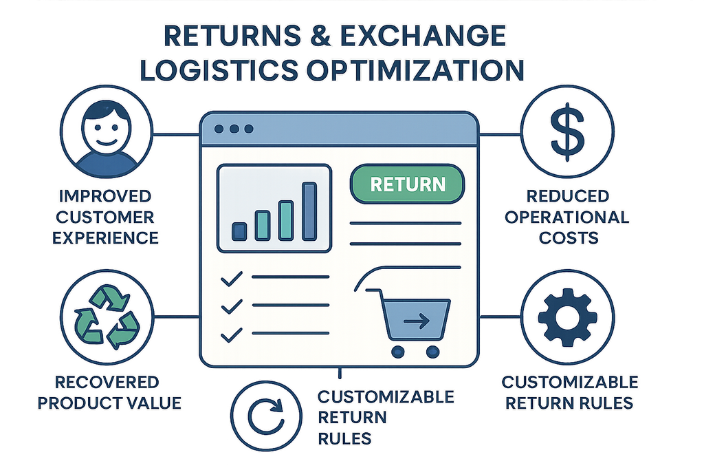A benefit-focused illustration showing key advantages of optimized returns with icons for improved customer experience, reduced operational costs, recovered product value, increased repeat purchases, and customizable return rules