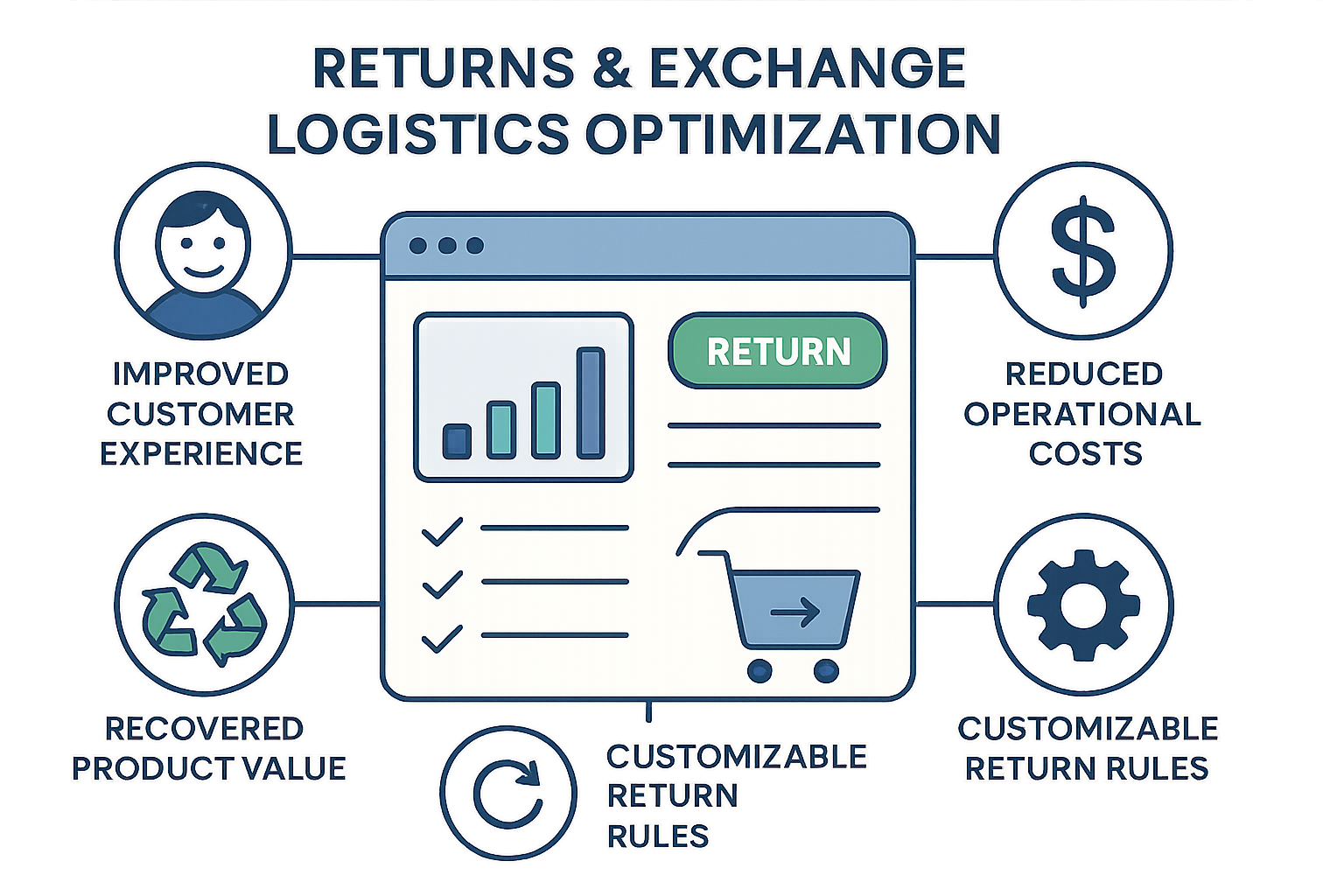 A benefit-focused illustration showing key advantages of optimized returns with icons for improved customer experience, reduced operational costs, recovered product value, increased repeat purchases, and customizable return rules