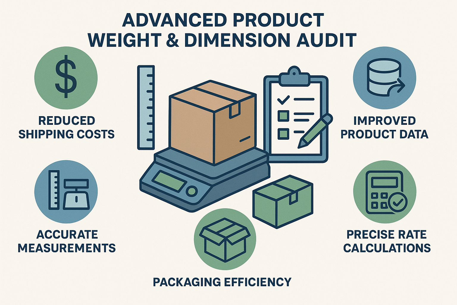 A benefit-focused illustration showing key advantages of product dimension audits with icons for reduced shipping costs, accurate measurements, packaging efficiency, precise rate calculations, and improved product data