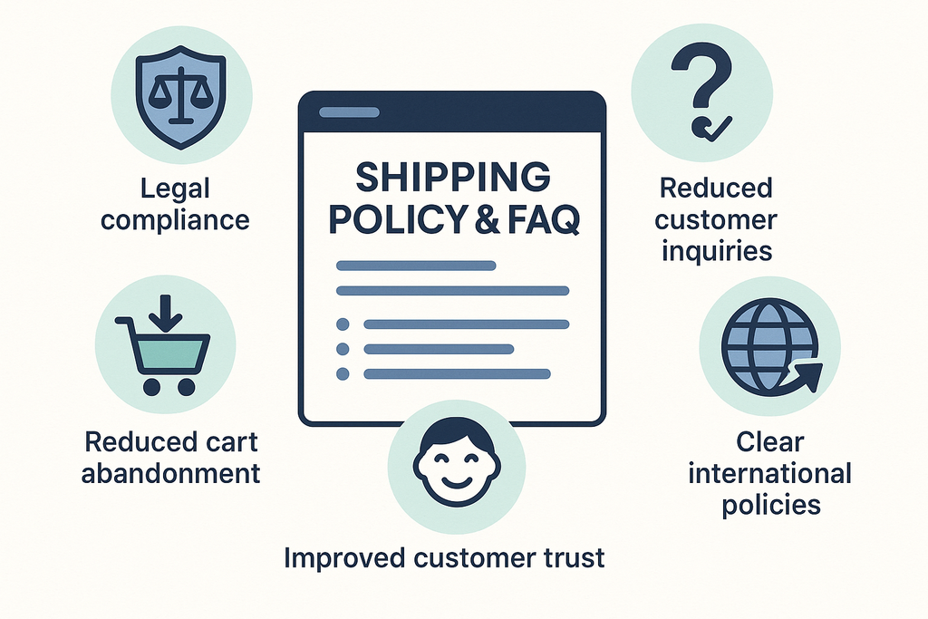 A benefit-focused illustration showing key advantages of shipping policies and FAQs with icons for legal compliance, reduced customer inquiries, improved customer trust, reduced cart abandonment, and clear international policies