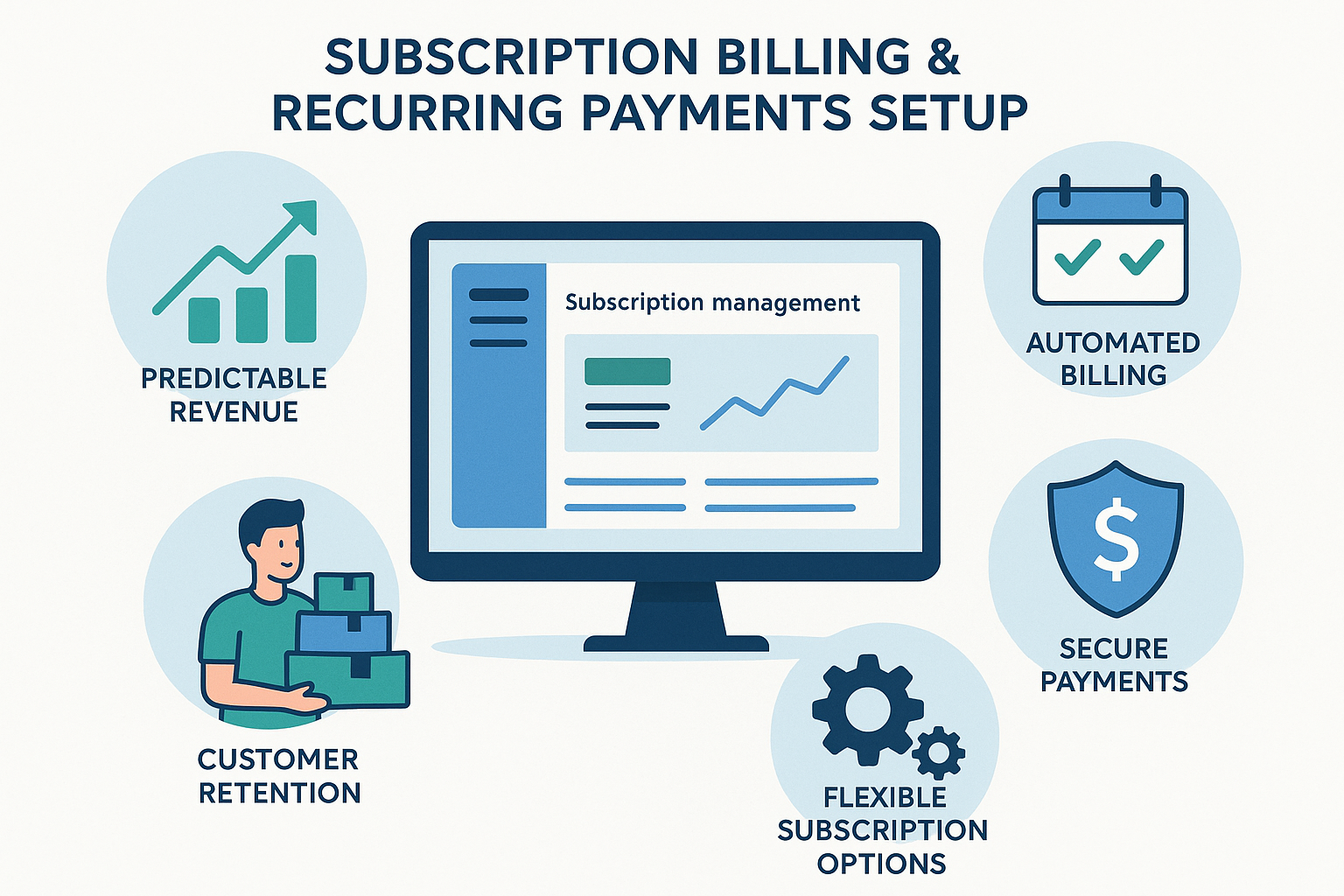 A benefit-focused illustration showing key advantages of subscription billing with icons for predictable revenue, automated billing, customer retention, secure payments, and flexible subscription options