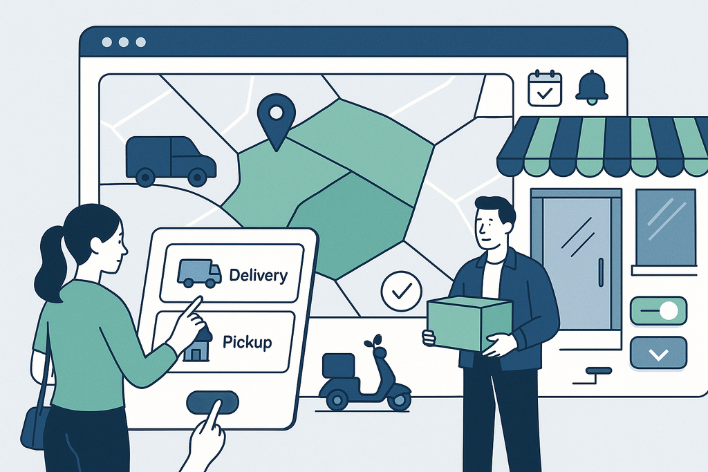 A professional hero image showing a business offering both local delivery and in-store pickup options with a delivery map, zones, vehicles, pickup locations, and customers choosing between options
