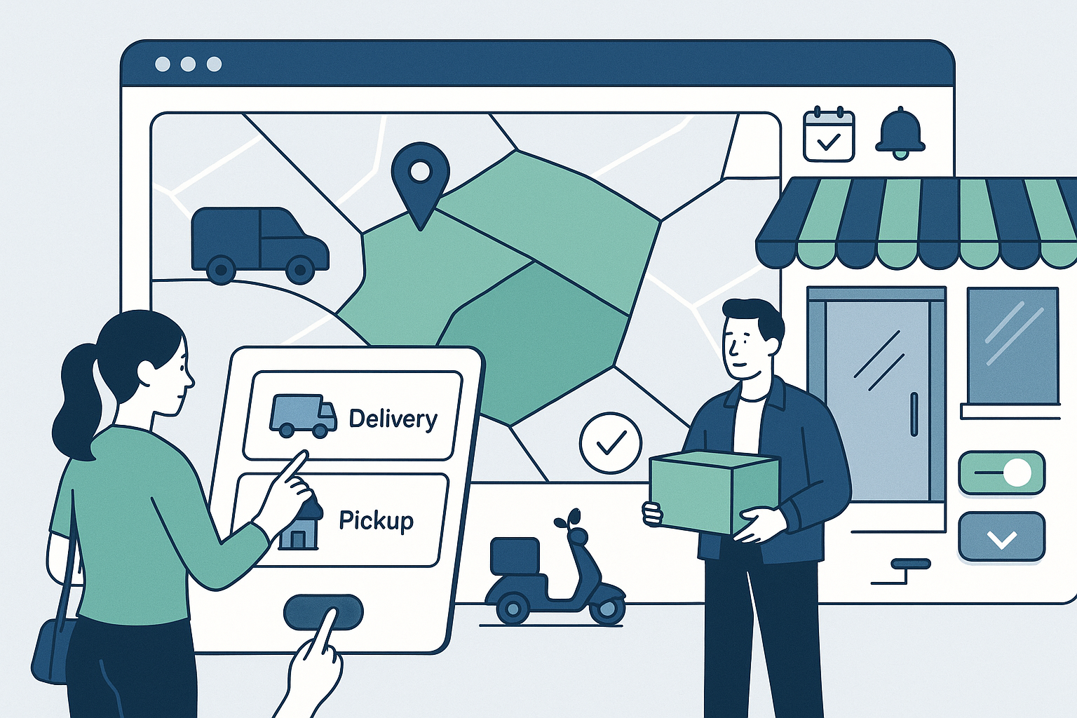 A professional hero image showing a business offering both local delivery and in-store pickup options with a delivery map, zones, vehicles, pickup locations, and customers choosing between options
