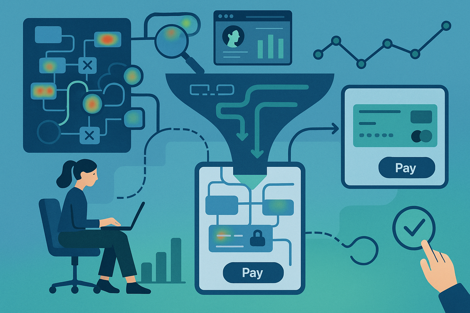 A professional hero image showing a checkout process being analyzed with user journey mapping, heatmaps, and analytics, transforming from a complex checkout with drop-offs to a streamlined flow with higher completion