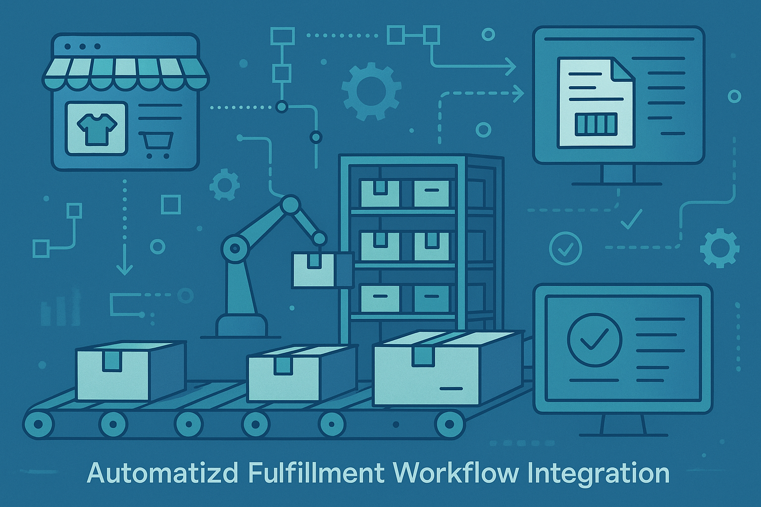 A professional hero image showing a fully automated order fulfillment workflow with orders flowing from store to warehouse, intelligent picking and packing, and integrated systems working seamlessly