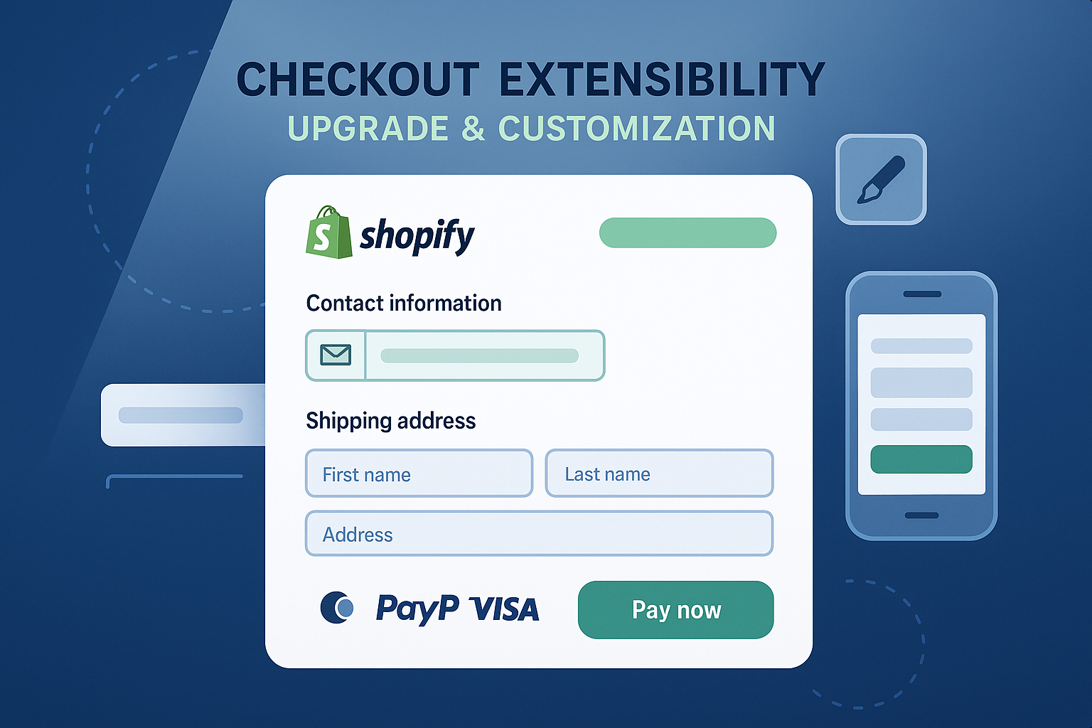 A professional hero image showing a sleek, modern checkout page with custom branding elements, optimized layout, and various payment methods in Shopify's color palette