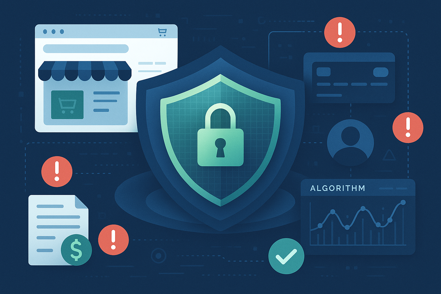 A professional hero image showing a sophisticated security system protecting an e-commerce store with a digital shield, security layers, and fraud detection algorithms analyzing transaction data