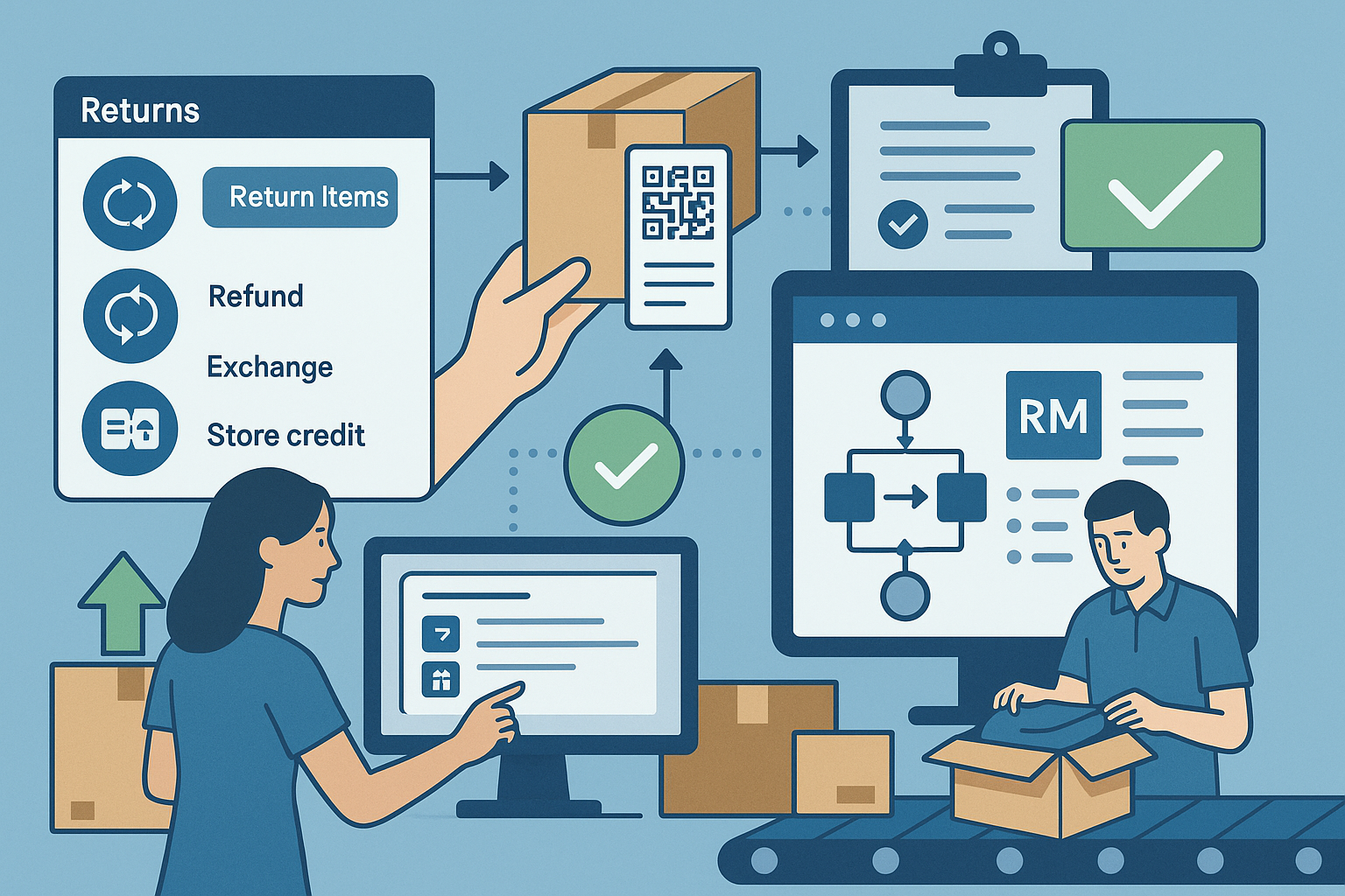 A professional hero image showing a streamlined returns and exchange process with customer-initiated returns, automated labels, RMA workflows, and efficient processing of returned items