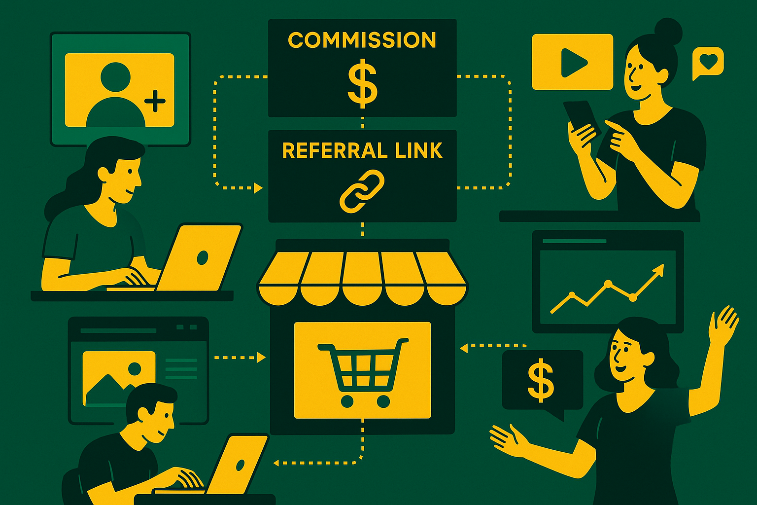 A professional hero image showing an affiliate marketing network with partners promoting products, commission tracking systems, and performance dashboards in forest green and bright yellow tones