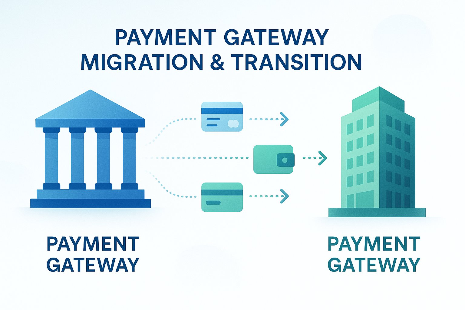 A professional hero image showing payment data flowing smoothly between two gateway systems with architectural structures, using blue and green colors with payment icons in the data flow