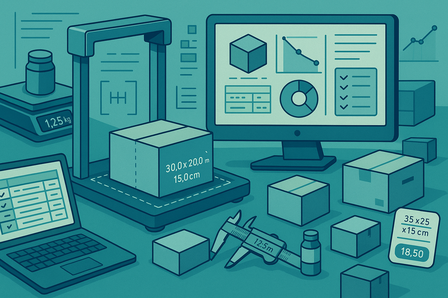 A professional hero image showing product dimensions and weights being accurately measured with digital scales and dimensional scanners, alongside database optimization and shipping cost analysis