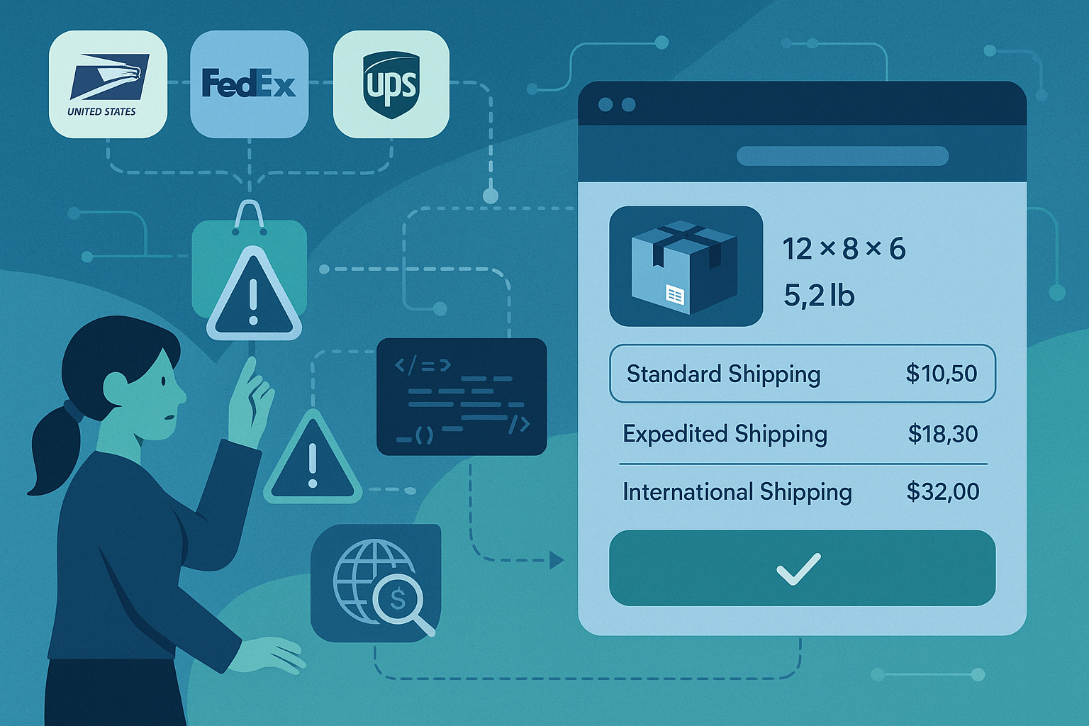 A professional hero image showing real-time shipping rate calculations integrated into e-commerce checkout with multiple carrier APIs connecting to the store and accurate rates based on package details