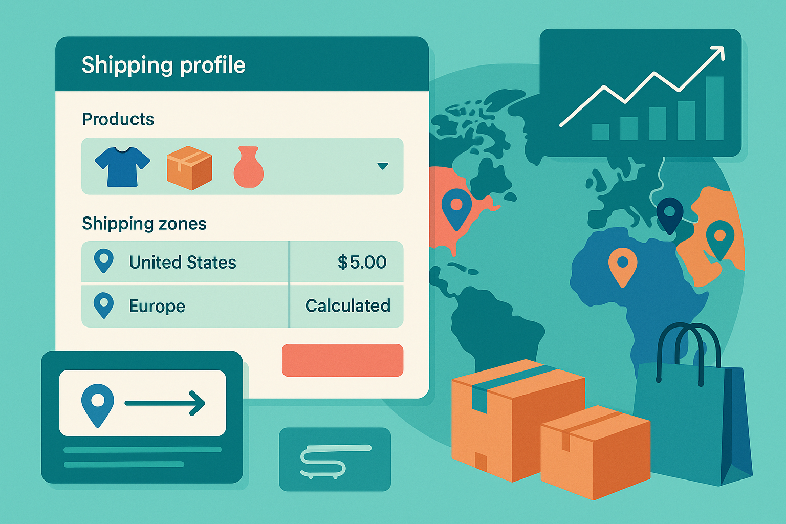 A professional hero image showing shipping profiles and zones being configured with custom shipping zones on maps, product-specific profiles, and rate optimization in teal and coral tones