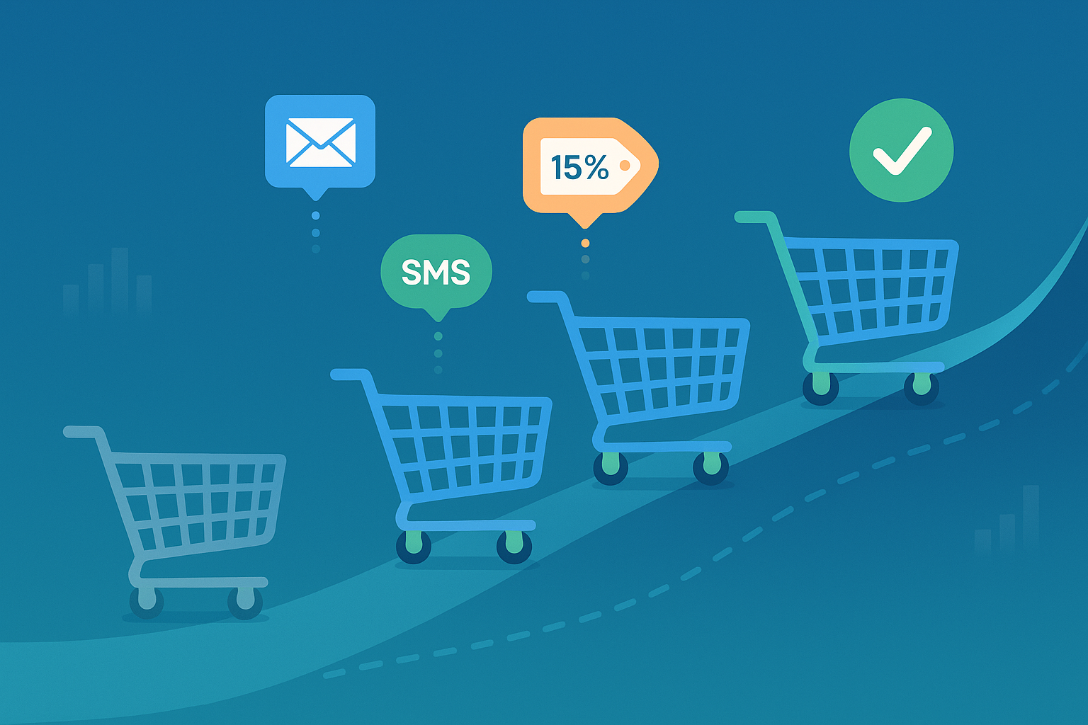 A professional hero image showing shopping carts being recovered through email notifications, SMS reminders, and personalized offers, with carts transitioning from faded/gray to vibrant/colorful