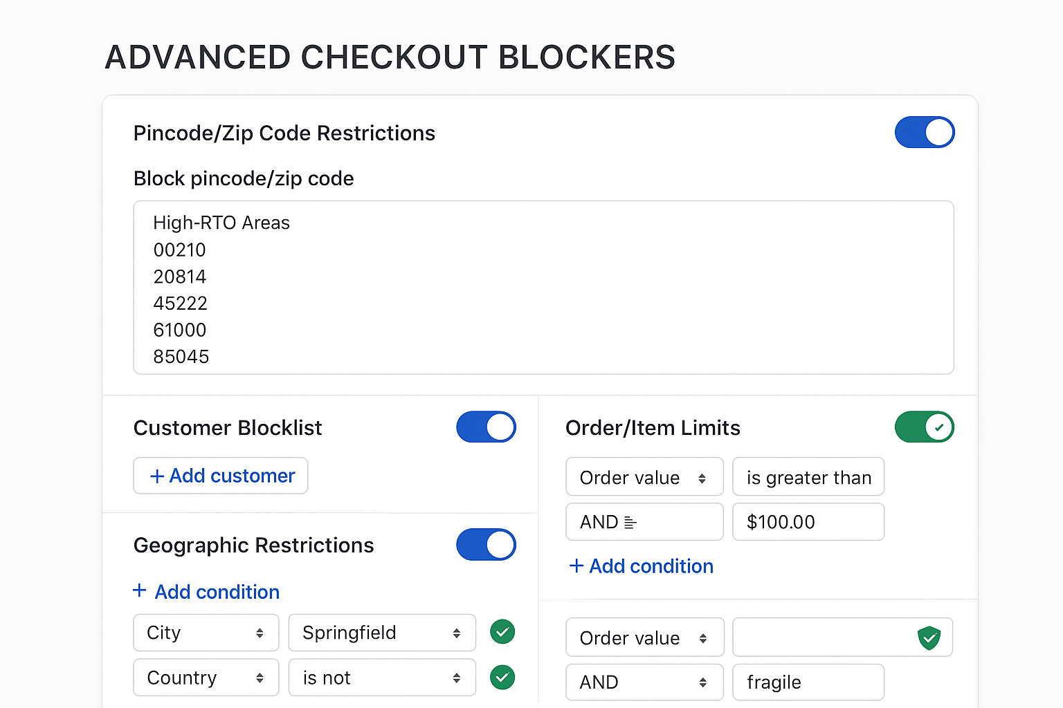 Admin interface showing blocker configuration with rule creation for pincodes, customer lists, and geographic restrictions with toggle switches