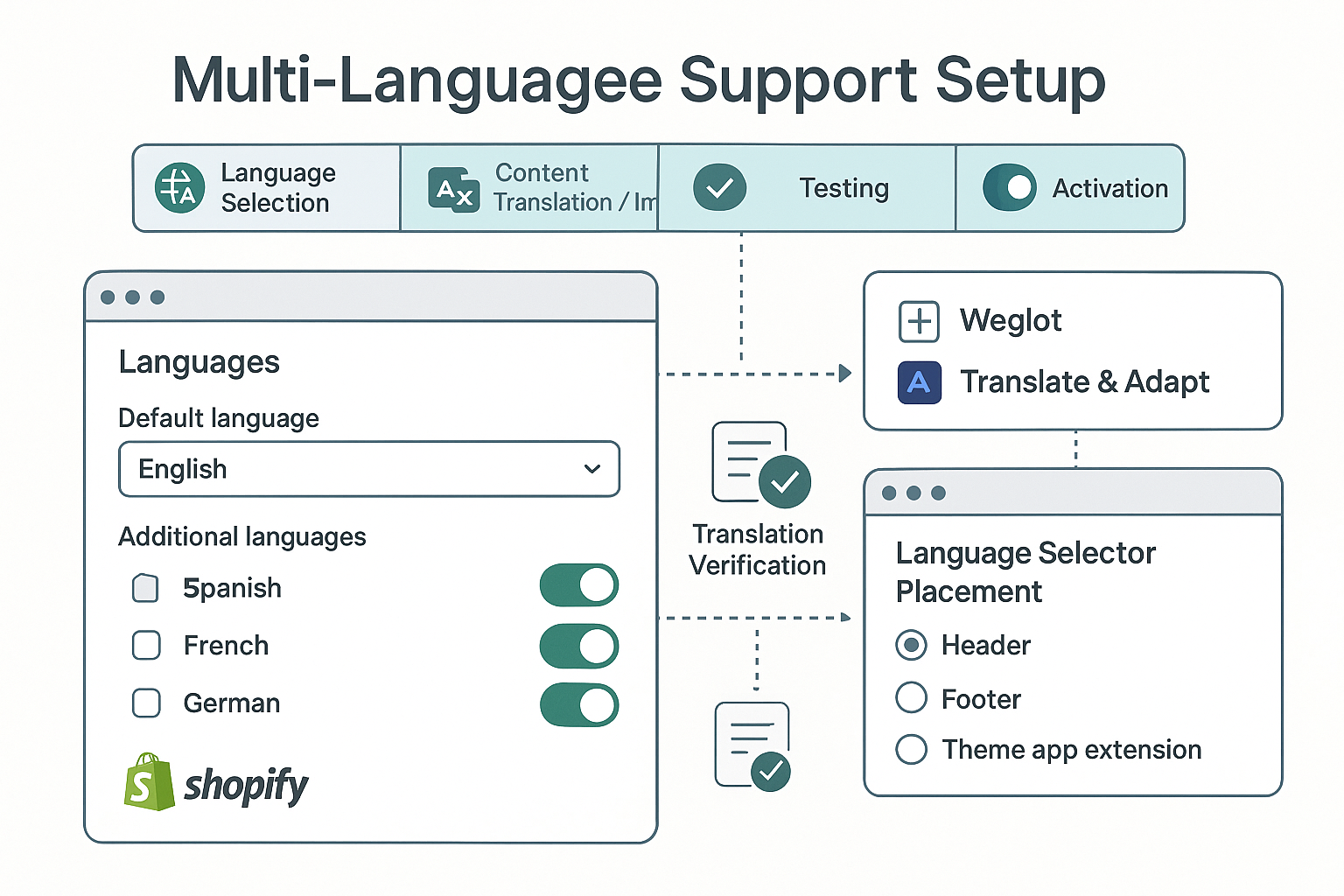 Admin interface showing language configuration panels, translation management tools, and implementation workflow from selection to activation