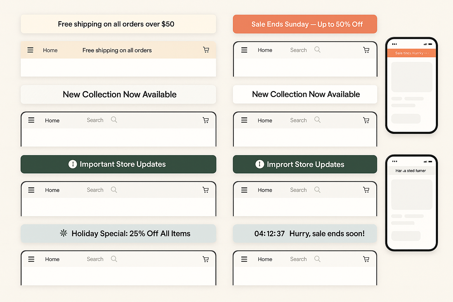 Announcement bar designs showing various styles with different colors, patterns, countdown timers and message types at the top of website layouts on light background
