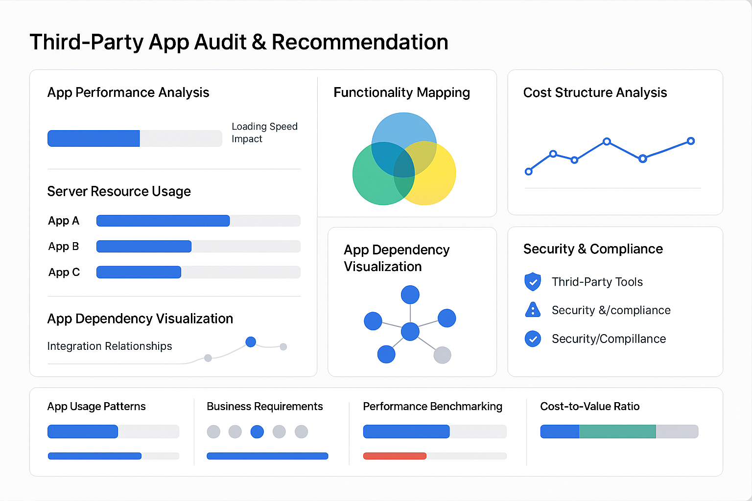 App assessment dashboard showing performance analysis, resource usage metrics, functionality mapping, cost structure analysis and security assessment of third-party tools