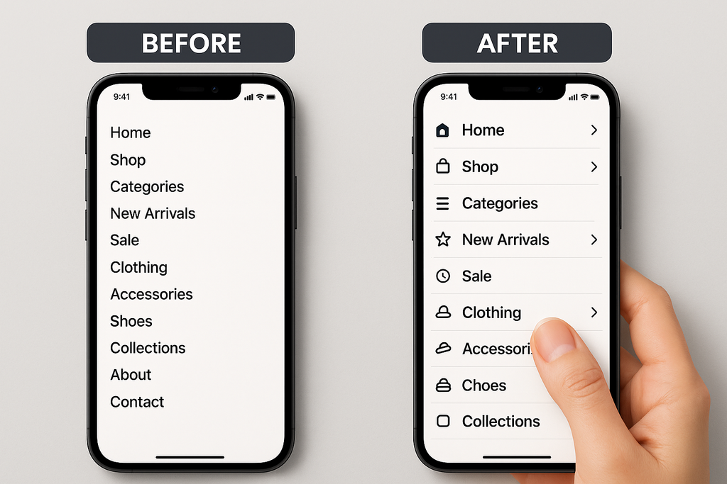Before/after comparison showing cluttered mobile menu transformed into clean, organized menu with icons and proper spacing for finger navigation