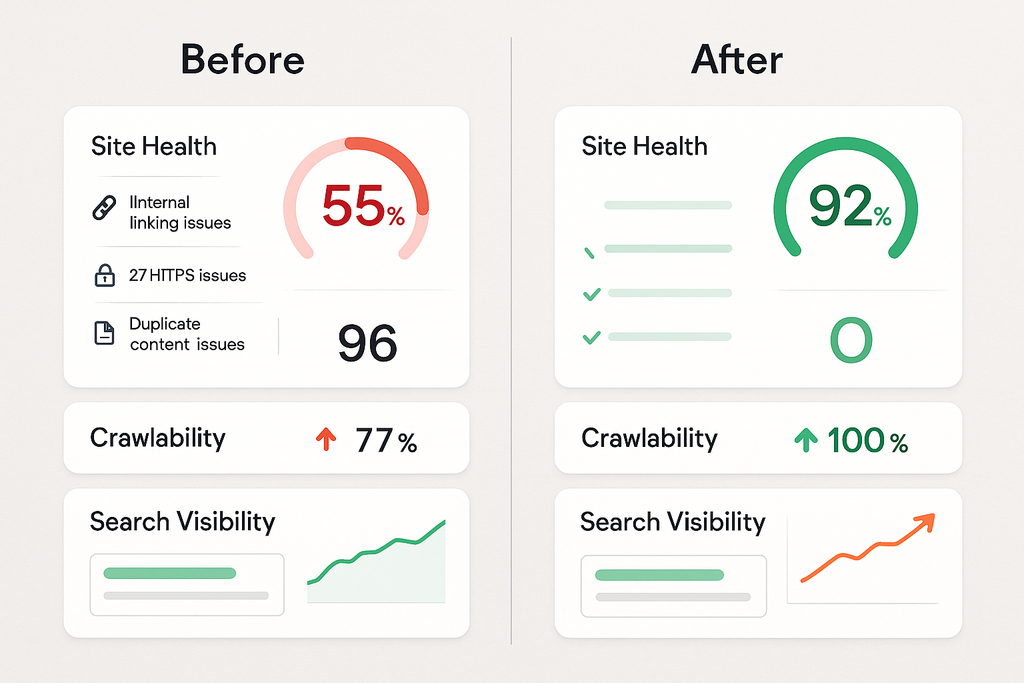 Before/after comparison showing implementation of basic SEO recommendations with improved metrics and resolved issues using SemRush branding