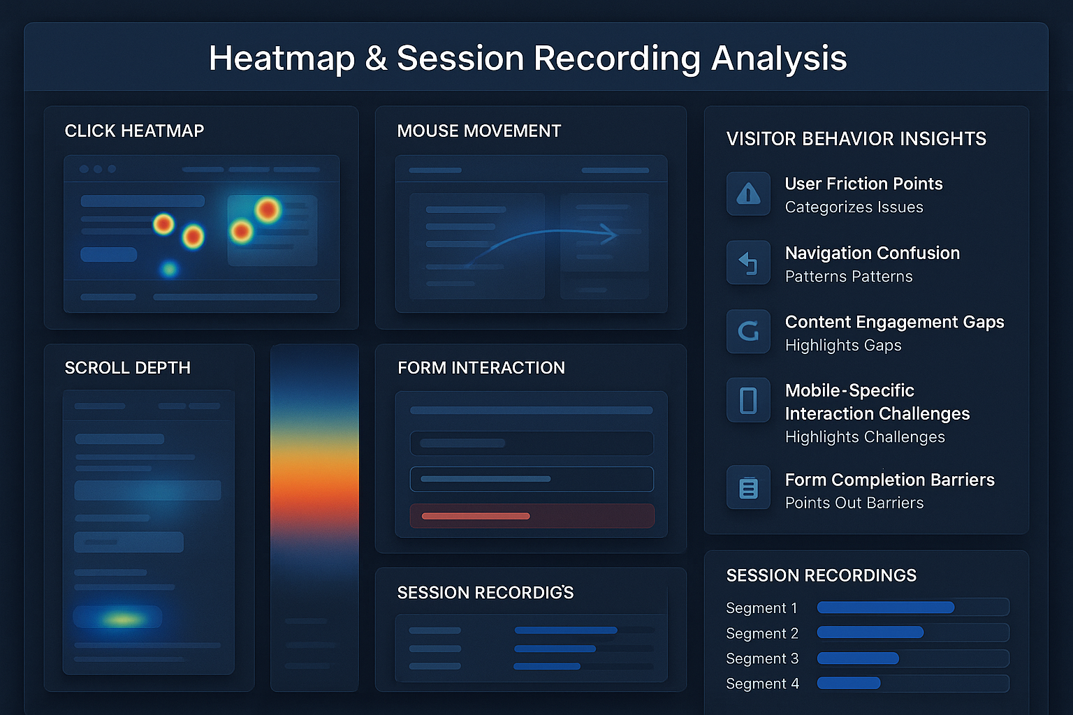Behavior analysis dashboard showing click heatmap, scroll depth map, mouse movement tracking, form interaction analysis and identified friction points with issue categorization